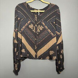 Free People Women's large Button Front Long Sleeve Boho Top Arty Print Prairie